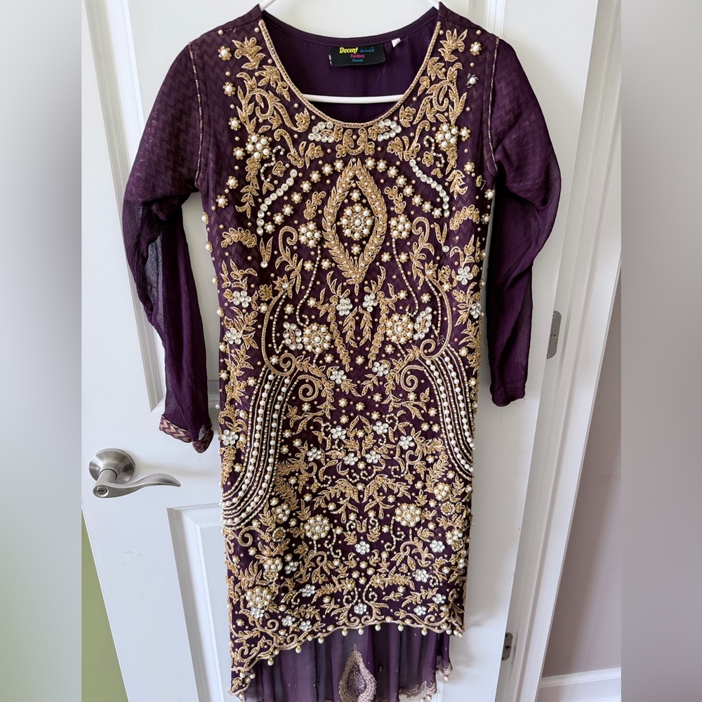 Pearly embellished Purple and Gold Pakistani/Indian kameez and pant suit